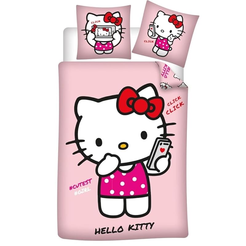 Bettwäsche Hello Kitty, Rosa, wendbar, Bettbezug 140 x 200 cm + Kissenbezug 65 x 65 cm, Polyester-Baumwolle