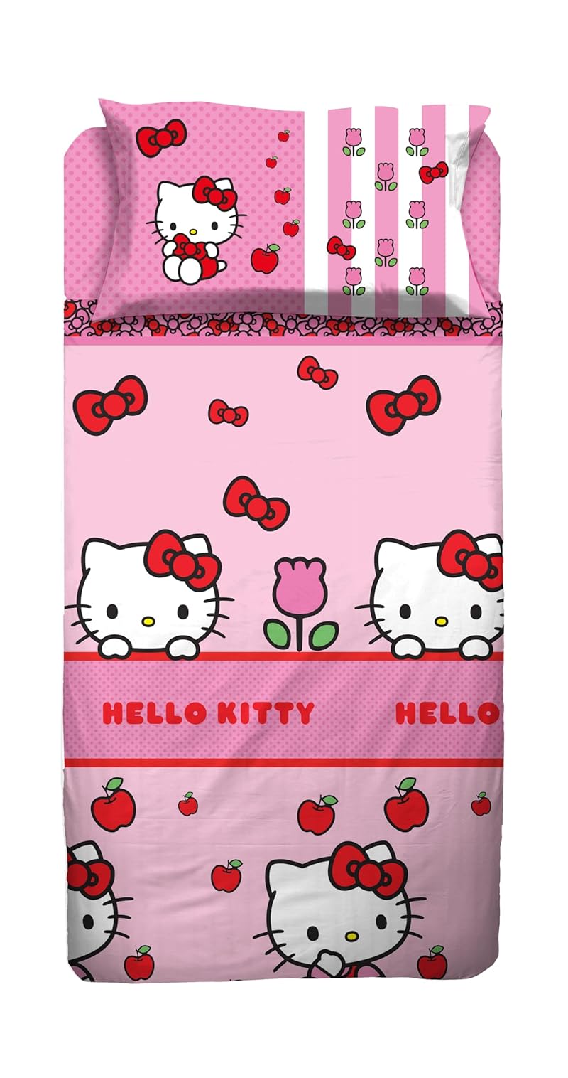 hermet Hello Kitty, Bettwäsche-Set für Einzelbett, Bettlaken, Spannbettlaken, Kissenbezug, Rosa, 100% Baumwolle, offizielles Produkt