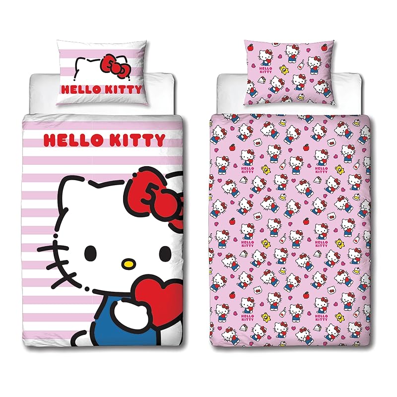 Hello Kitty Bettwäsche-Set für Einzelbett, offizielles Lizenzprodukt, Hello Design, wendbar, 2-seitig, Katzen-Bettwäsche, inkl. passendem Kissenbezug, perfekt für Kinderzimmer, Polycotton