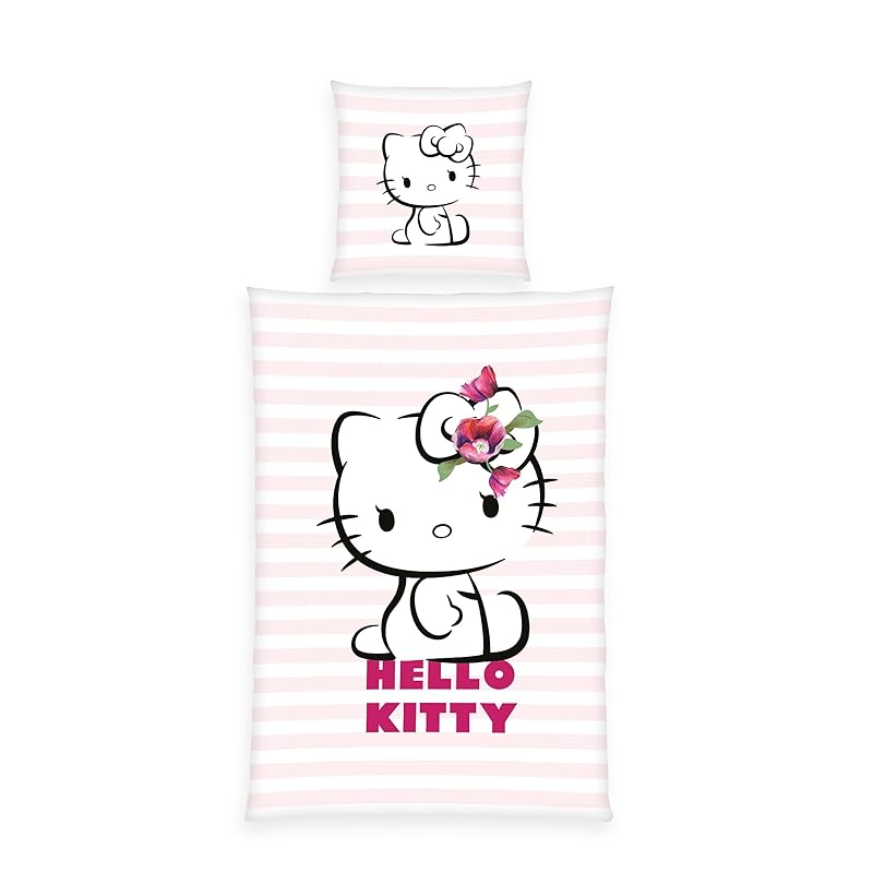 Herding Bettwäsche Hello Kitty, Kopfkissenbezug ca. 80 x 80 cm, Bettbezug ca. 135 x 200 cm, Mit Knopfleiste, 100% Baumwolle, Rosa