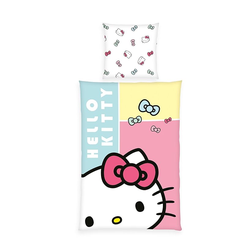 Herding Bettwäsche Hello Kitty, Kopfkissenbezug ca. 80 x 80 cm, Bettbezug ca. 135 x 200 cm, Mit Reißverschluss und Wendemotiv, 100% Baumwolle/Renforcé